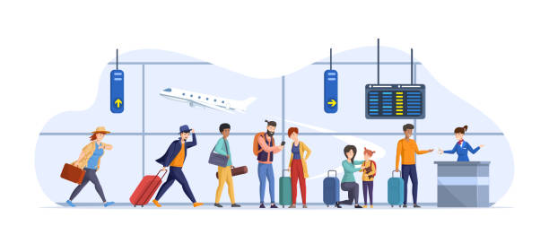 ilustrações, clipart, desenhos animados e ícones de turistas em execução demoram a voar na saída do aeroporto com bagagem na fila - aeroportos