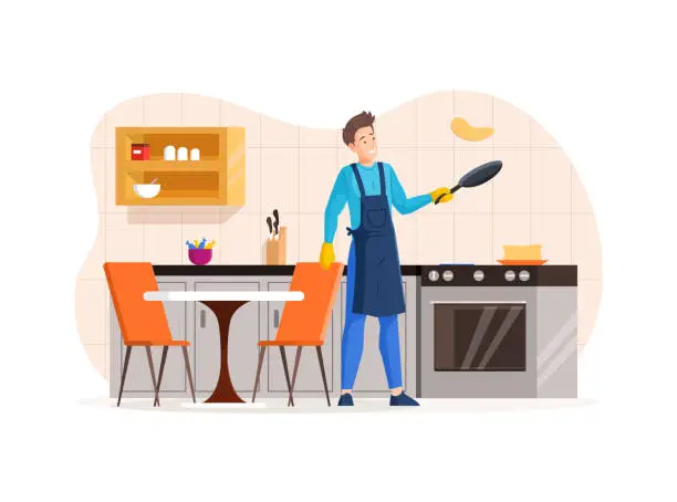 Vector illustration of Happy man in apron bake pancakes at kitchen. Male cooking domestic dessert food on frying pan