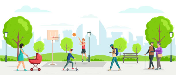 公園のベクターフラットで夏の屋外活動を楽しむ幸せな人々 - basketball teenager nature outdoors点のイラスト素材／クリップアート素材／マンガ素材／アイコン素材