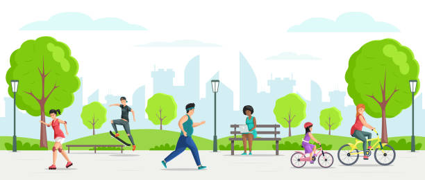 illustrazioni stock, clip art, cartoni animati e icone di tendenza di persone felici che si godono l'attività estiva all'aperto nell'appartamento del parco vector - cycling teenager action sport