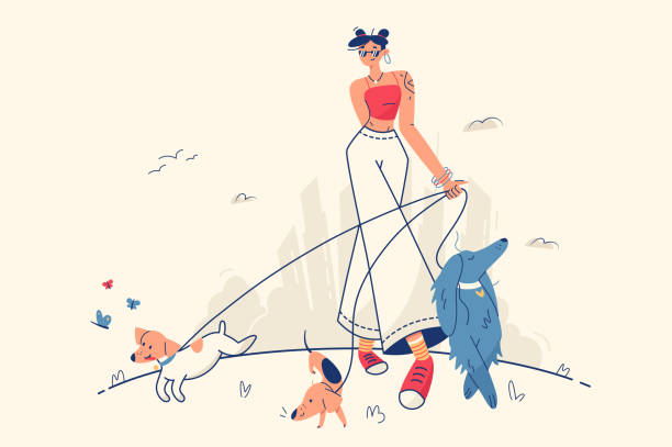 stilvolles mädchen, das mit hunden spazieren geht - frau weide stock-grafiken, -clipart, -cartoons und -symbole