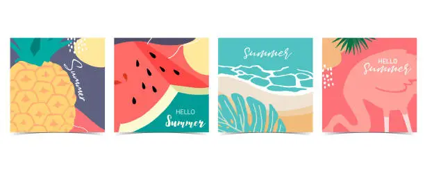 Vector illustration of Collection of summer background set with pineapple,watermelon.Hello summer