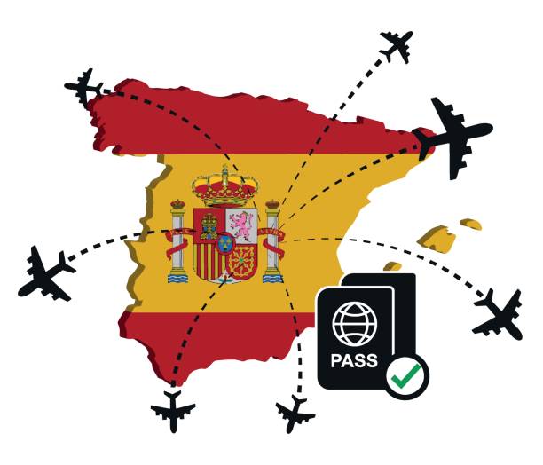 ilustrações, clipart, desenhos animados e ícones de conceito de viagem seguro. símbolo de passaporte com bandeira e mapa da espanha. conceito de viagem e férias. - global business passport transportation italy