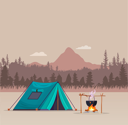 Camping in the mountains. Camping with a tent, a Mount and a bonfire against the backdrop of a mountain landscape. Vector, cartoon illustration.
