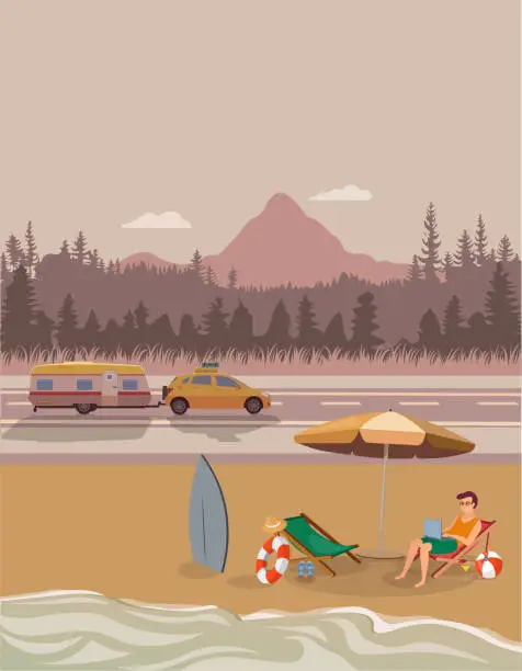 Vector illustration of Vector of man sunbathing under umbrella on beach by highway. Summer concept. Mountain view road and caravan illustration. Sea, sand concept. Vector of young man resting and vacationing on the beach. Camper on the beach