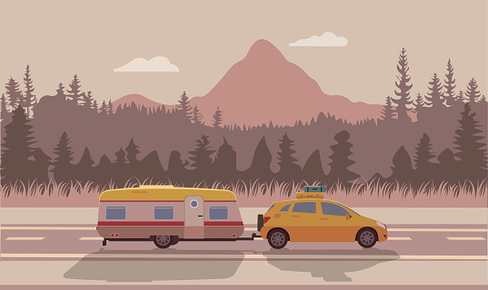camper car trailers caravan isolated. Summer landscape with forest, mountains and lake. Vector flat style illustration.