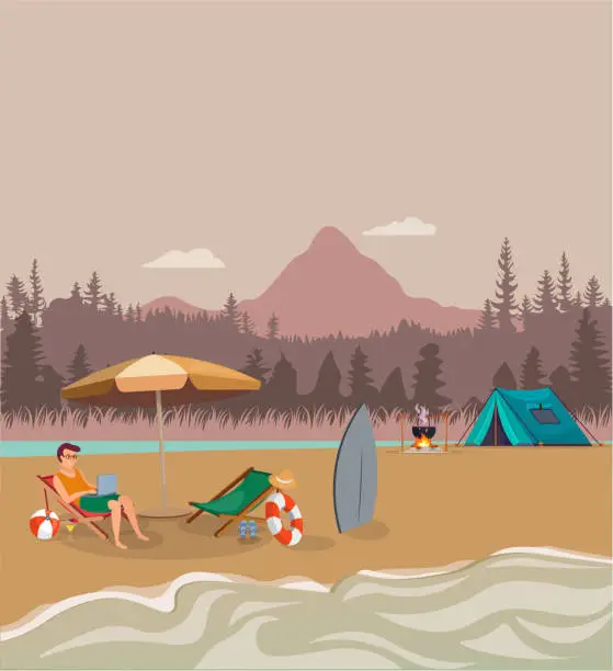 Vector illustration of Summer concept. Mountain view tent and fire illustration. Sea, sand concept. Vector of young man resting and vacationing on the beach.