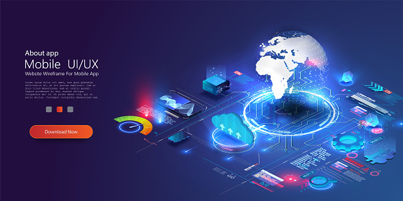 World wide web via wireless satellite network technology. digital connection at clouds services of all earth. Global network technology in isometric illustration.