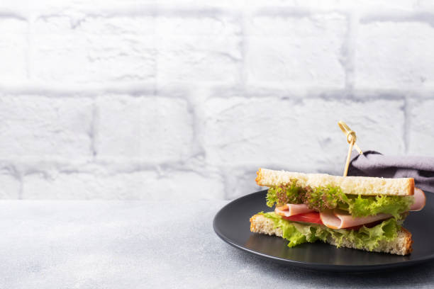 istock Delicious healthy sandwich for a snack breakfast. Toast bread tomato ham leaf salad. Copy space 1329519498