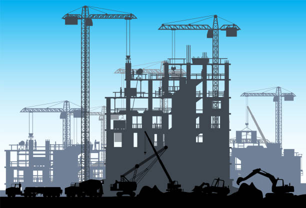 ilustrações, clipart, desenhos animados e ícones de paisagem de silhueta do banner do canteiro de obras. - crane tower crane construction silhouette