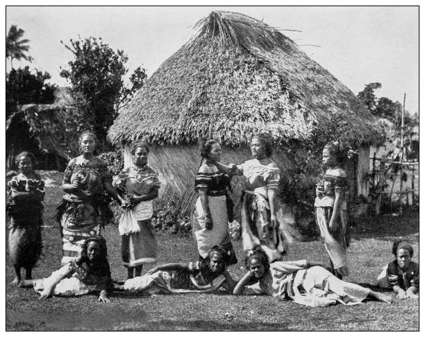 Antique black and white photograph: Pago Pago, Island of Tutuila Antique black and white photograph of people from islands in the Caribbean and in the Pacific Ocean; Cuba, Hawaii, Philippines and others: Pago Pago, Island of Tutuila polynesia photos stock illustrations