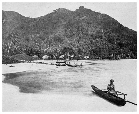 Antique black and white photograph of people from islands in the Caribbean and in the Pacific Ocean; Cuba, Hawaii, Philippines and others: Pago Pago