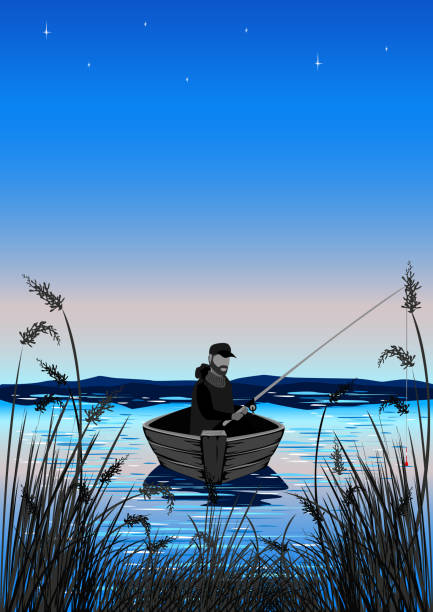 fischer in einem boot fischt im schilf - silhouette nautical vessel sea morning stock-grafiken, -clipart, -cartoons und -symbole