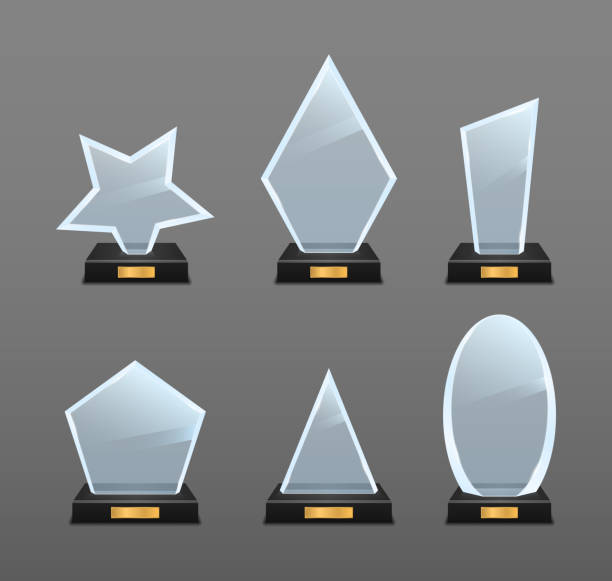 istock Realistic glass trophy award, golden winner prizes 1329527079
