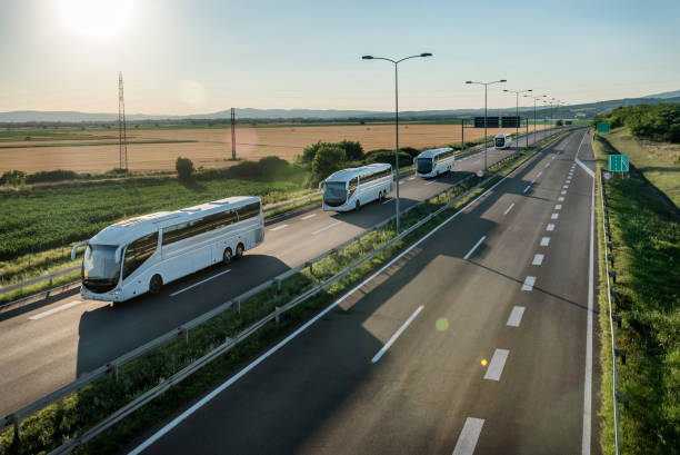 Seiris of Modern White buses on a highway Series of modern White buses traveling on a wide highway in a rural backdrop. Convoy of buses. Highway transportation of passengers in a bus line. convoy stock pictures, royalty-free photos & images