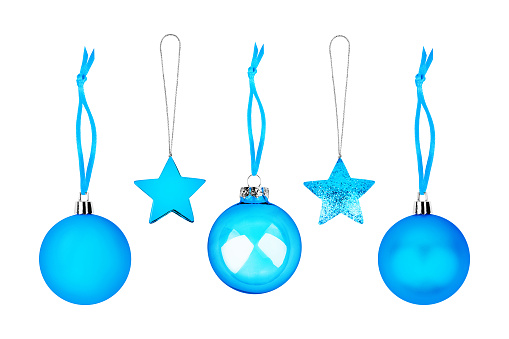 Blue Сhristmas tree decorations set white background isolated close up, hanging glass balls and stars collection, shiny round baubles, traditional New Year holiday design element, decorative xmas toys