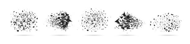 zersplitterung des partikels. zerbrochenes glas mit trümmern. abstrakte explosion mit zerstörung und teilchen. splittereffekt isoliert auf weißem hintergrund. explodieren sie mit konfetti. grafische textur der bombe. vektor - ruine stock-grafiken, -clipart, -cartoons und -symbole