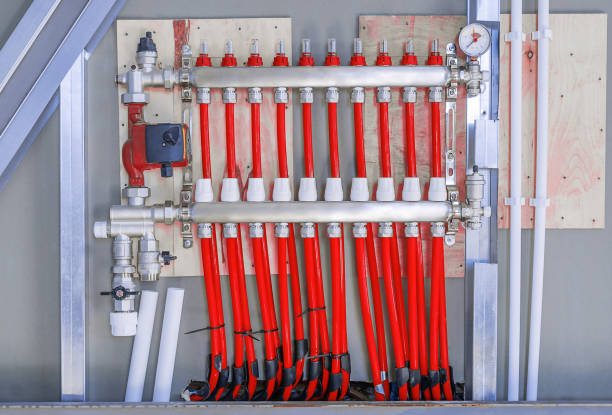 istock Radiant floor heating installation heating system. Heating manifold of house heating system. 1329531035