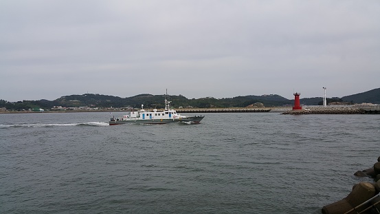 A ship sailing in the sea of ​​Yeonpyeong Island, South Korea