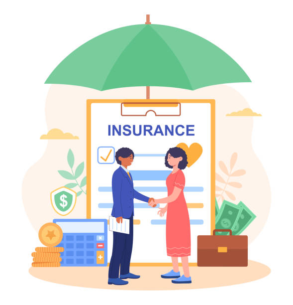Busines Insurance concept Busines Insurance concept. Business woman has insured her company. Signing of a legal document. A metaphor for security and reliability. Cartoon flat vector illustration isolated on a white background travel agencies stock illustrations