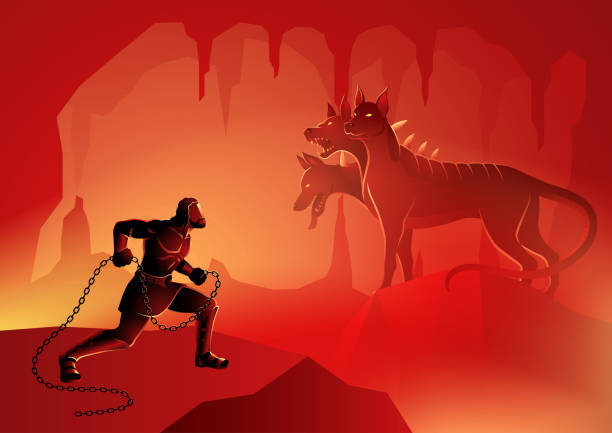 Heracles and Cerberus Greek god and goddess vector illustration series, the twelfth or final labour of Heracles' twelve labours, to capture Cerberus the three-headed dog the guardian of the gates of the Underworld ancient civilization illustrations stock illustrations