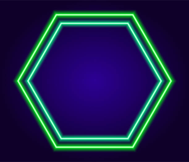 istock Vector neon hexagon. isolated empty frame made of double lines of green and turquoise color glowing in the dark, with an empty space inside for text empty, on a dark blue background for a design template 1329533209