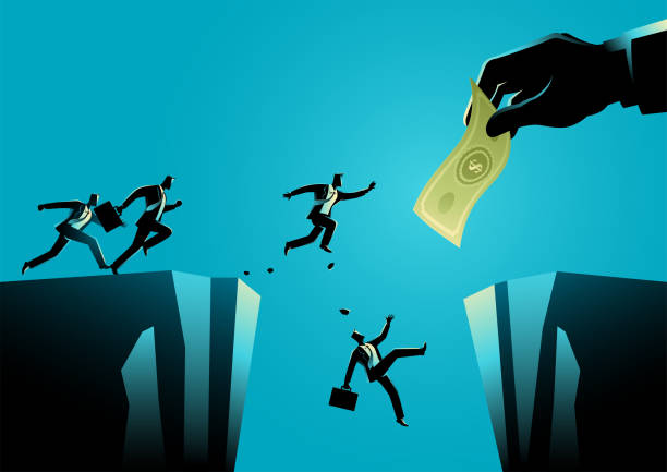 Businessmen trying to reach the money hold by giant hand separated by a ravine Business concept illustration of businessmen trying to reach the money hold by giant hand separated by a ravine banking silhouettes stock illustrations
