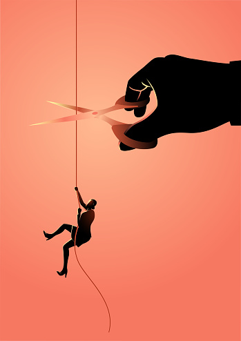Business concept illustration of a businesswoman climbing on rope meanwhile a giant hand with scissors is cutting the rope