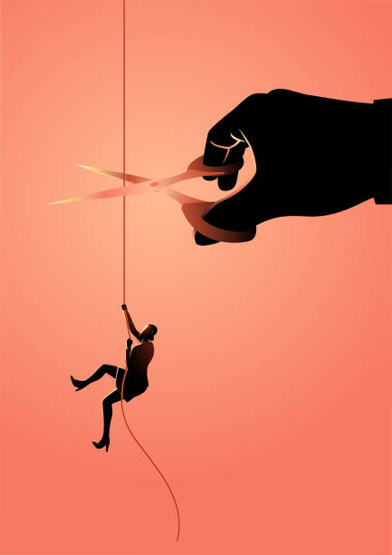 nữ doanh nhân trèo lên dây thừng trong khi đó một bàn tay khổng lồ với kéo đang cắt dây thừng - large cuts hình minh họa sẵn có