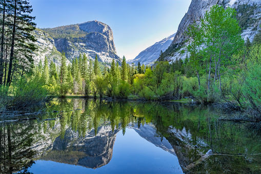 Mirror Lake in Yosemite National Park in spring full of water.