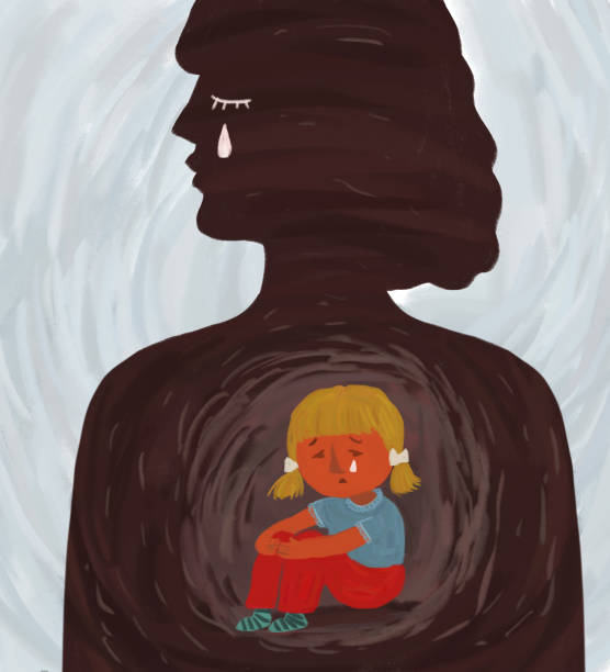 Hand-drawn illustration, a metaphor for the psychological problems of the inner child. Silhouette of a woman with a little girl inside Hand-drawn illustration, a metaphor for the psychological problems of the inner child. Silhouette of a woman with a little girl inside insides stock illustrations