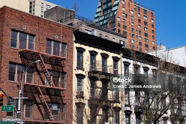 Row Of Colorful Old Brick Residential Buildings On The Upper East Side Of New York City Stock Photo - Download Image Now