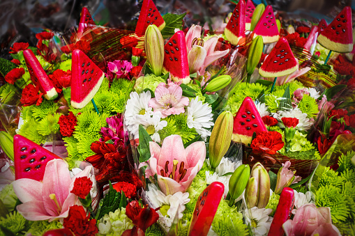 Colorful summer boquets with watermelon wedge spikes - top view