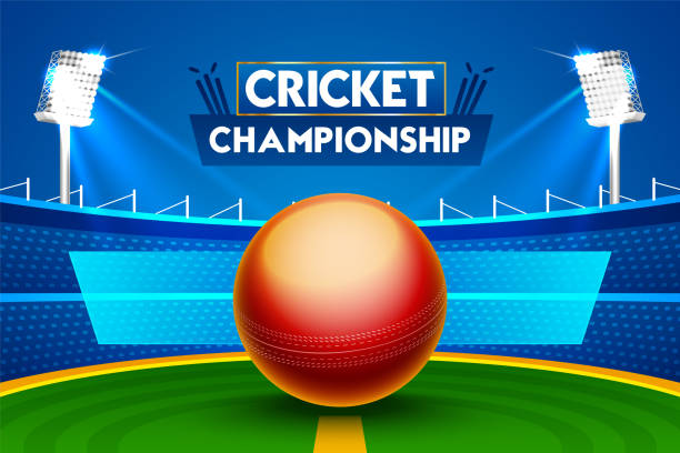 istock Cricket Match schedule concept with glossy ball illustration on stadium lights backgroundn with text placeholder area. 1329538062