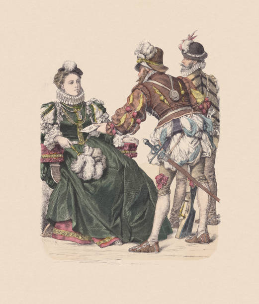 xvi wiek, niemieckie stroje, grawerowanie drewna w kolorze ręcznym, opublikowana ok. - musketeer nobility men renaissance stock illustrations