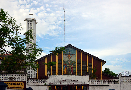 Monrovia, Liberia: Catholic Cathedral of the Sacred Heart of Jesus - headquarters of the Metropolitan Archdiocese of Monrovia (Archidioecesis Monroviensis) - located at the instersection of Broad Street and Nelson Street.