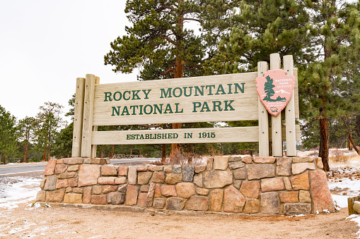 Estes Park, CO - November 14, 2020:  Entrance sign to Rocky Mountain National Park in Colorado