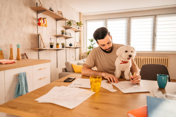 homem verificando finanças em casa com cachorro no colo - tax tax form finance small business - fotografias e filmes do acervo
