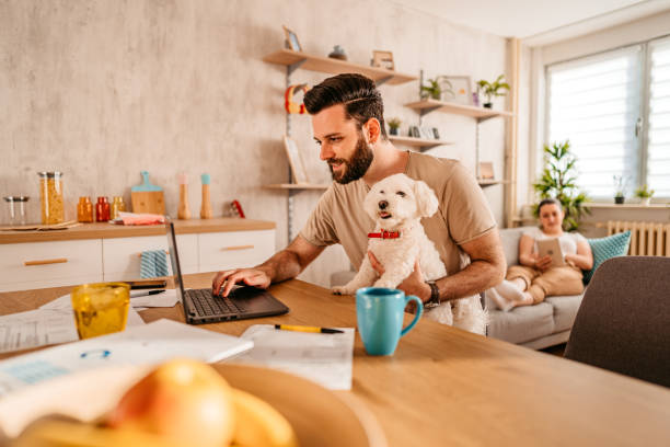 istock Man working on laptop at home with dog in his lap 1329541947
