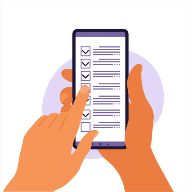 istock Checklist on smartphone screen. Online survey concept. Hand holds mobile phone and check list with checkmark. Vector illustration. Flat 1329543136