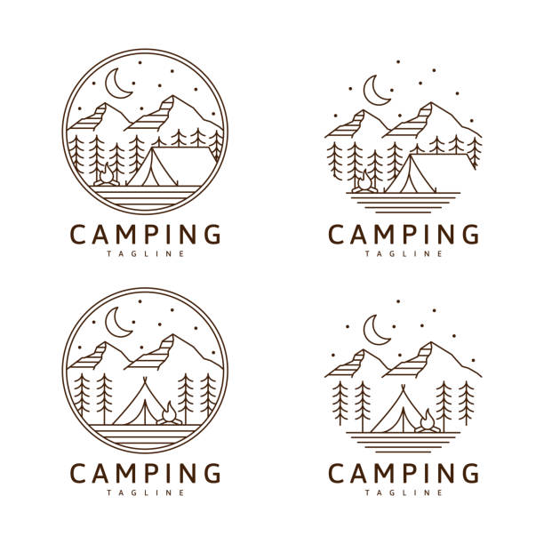 ilustrações de stock, clip art, desenhos animados e ícones de set of camping logo or illustration monoline or line art style - camping campfire boy scout girl scout