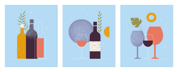 Collection of abstract modern posters of wine bottles, glasses. Cocktail, alcohol beverage. Wine tasting concept. Invitation for an event, festival. Restaurant menu. Isolated vector illustrations set. wine stock illustrations