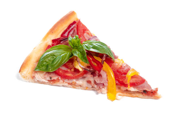 istock Slice of fresh pizza with pepperoni isolated on white background 1329549582