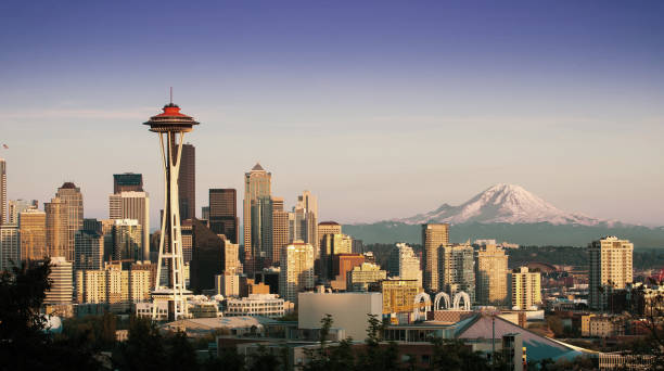 シアトルのスカイラインとレーニア山 - seattle skyline mt rainier space needle ストックフォトと画像