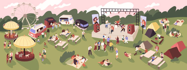 ilustraciones, imágenes clip art, dibujos animados e iconos de stock de gente en el festival de música al aire libre con banda de rock en el escenario, tiendas de campaña y camiones de comida. multitud en el concierto de verano en la naturaleza para adultos y niños. ilustración vectorial plana de actuación en directo al a - fiesta callejera