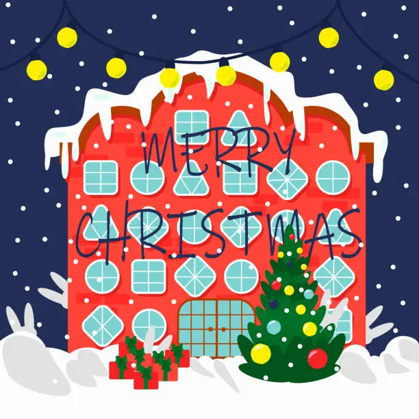 Vector illustration of Christmas house with different windows, christmas tree vector illustration. Can be used for greeting cards, banners, textile design or other christmas decoration.