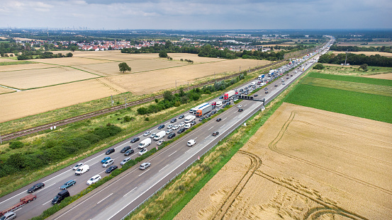 Frankfurt, Germany – November 18, 2021: The A 66 federal motorway cuts through the Frankfurt district of Bockenheim. View from Ginnheimer Landstrasse to the east.