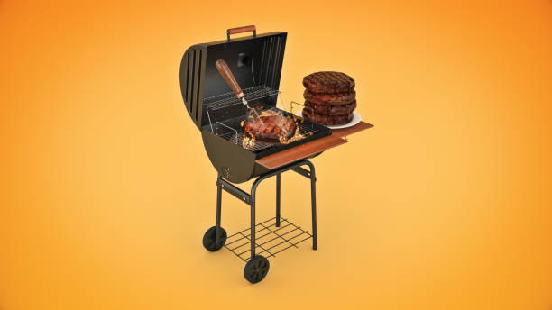 istock hamburgers cooking on grill with flames. 3d rendering 1329552677