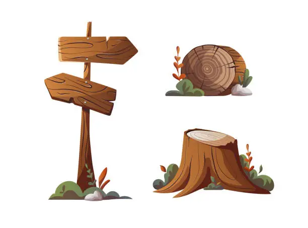 Vector illustration of Stump, log and guidepost. Camping, traveling, trip, hiking, camper, nature, journey, campsite elements.
