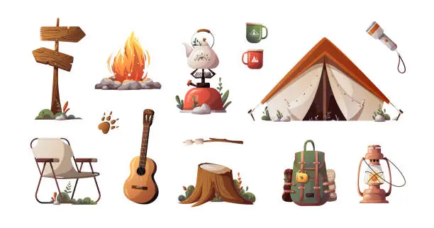 Vector illustration of Tent, campfire, backpack, guitar, lamp, gas-burner, stump, signboard.